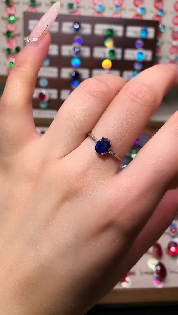 戒指蓝宝石银S925镶嵌5*7 银托