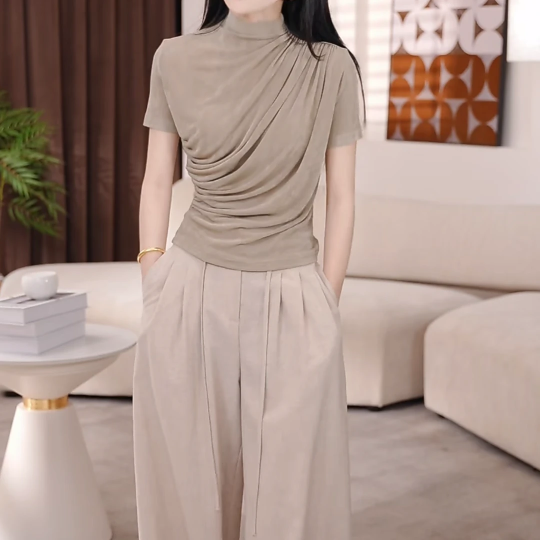 不规则褶皱立领短袖T恤女2025夏季新款印花百搭气质时尚通勤上衣