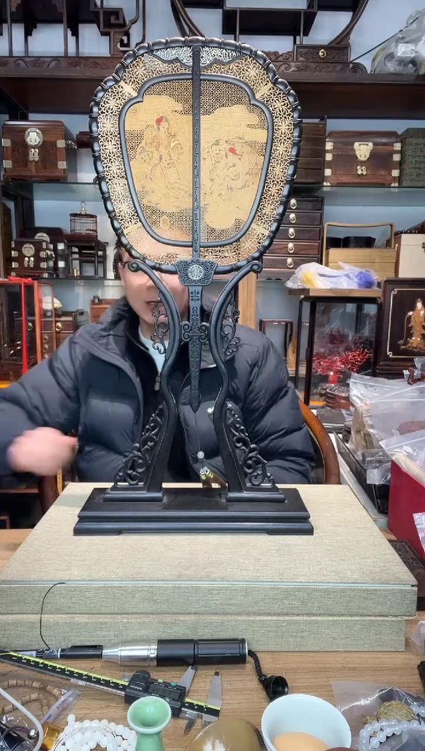 乌木类书架301铁梨木+紫光檀嵌澳洲檀香宫扇