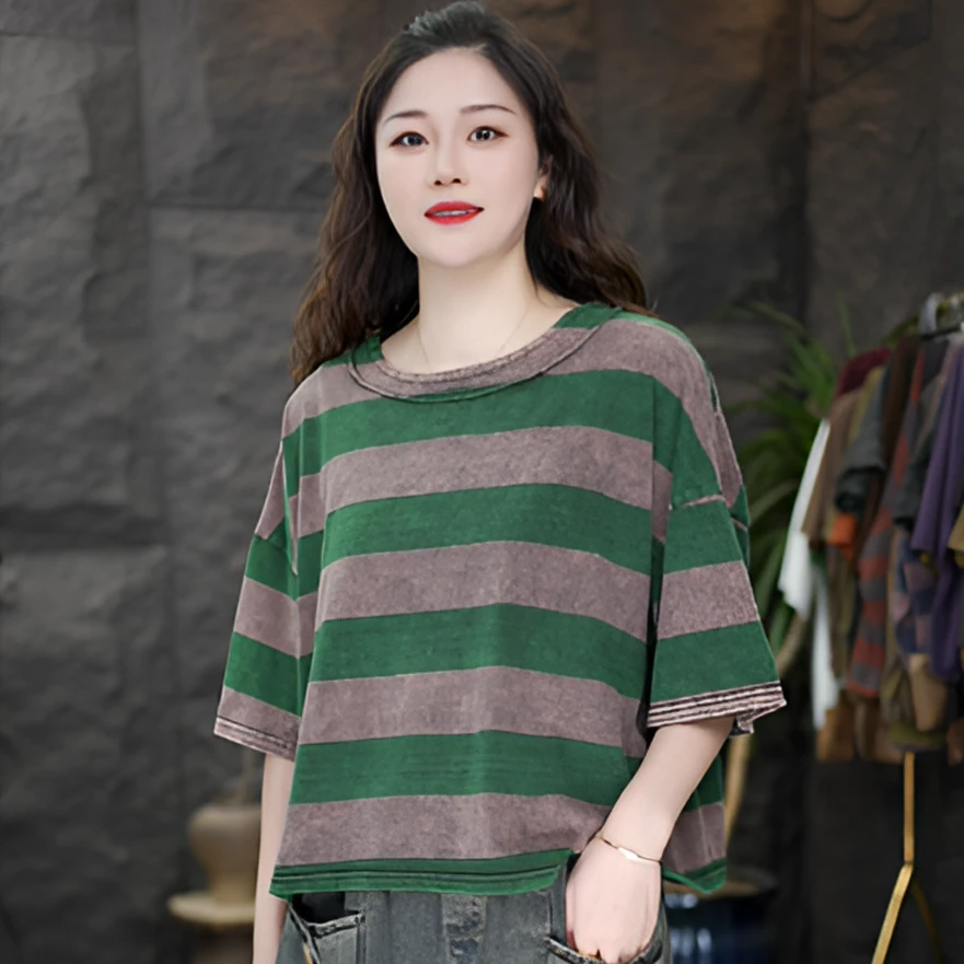 GG春夏新款复古炒色做旧撞色上衣条纹拼接宽松大码圆领套头T恤