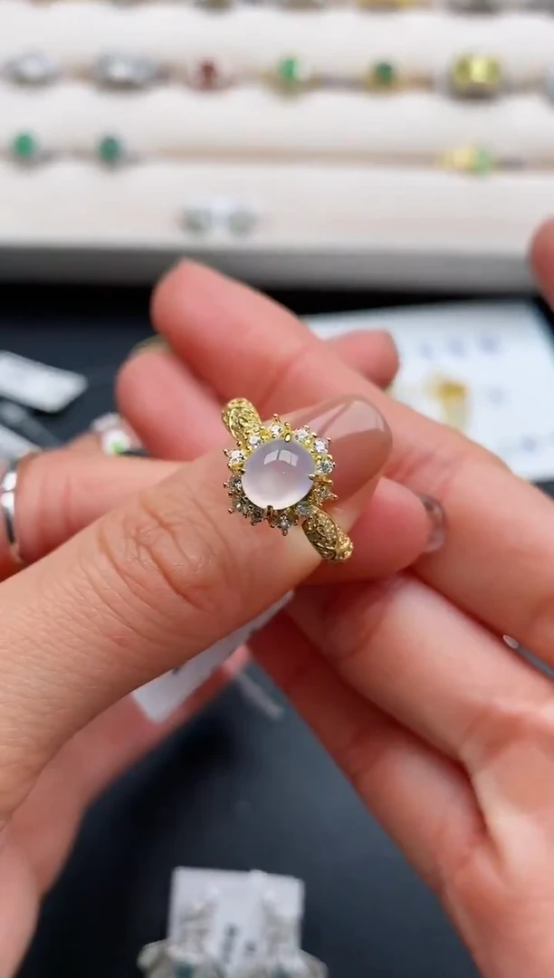 银S925镶嵌戒指翡翠天然缅甸A货翡翠33  5-