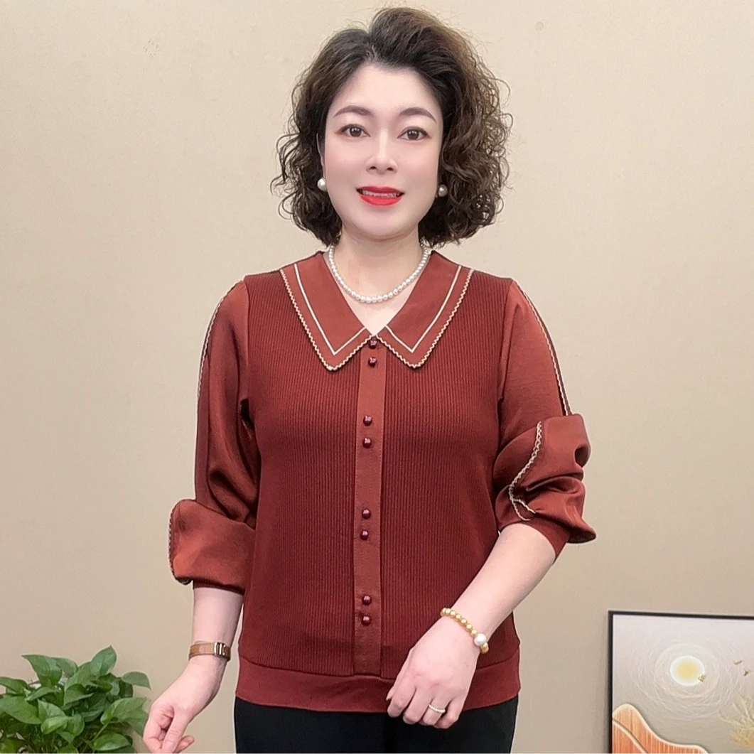 2025春季新款中年妈妈装长袖时尚百搭宽松显瘦气质洋气娃娃领拼接