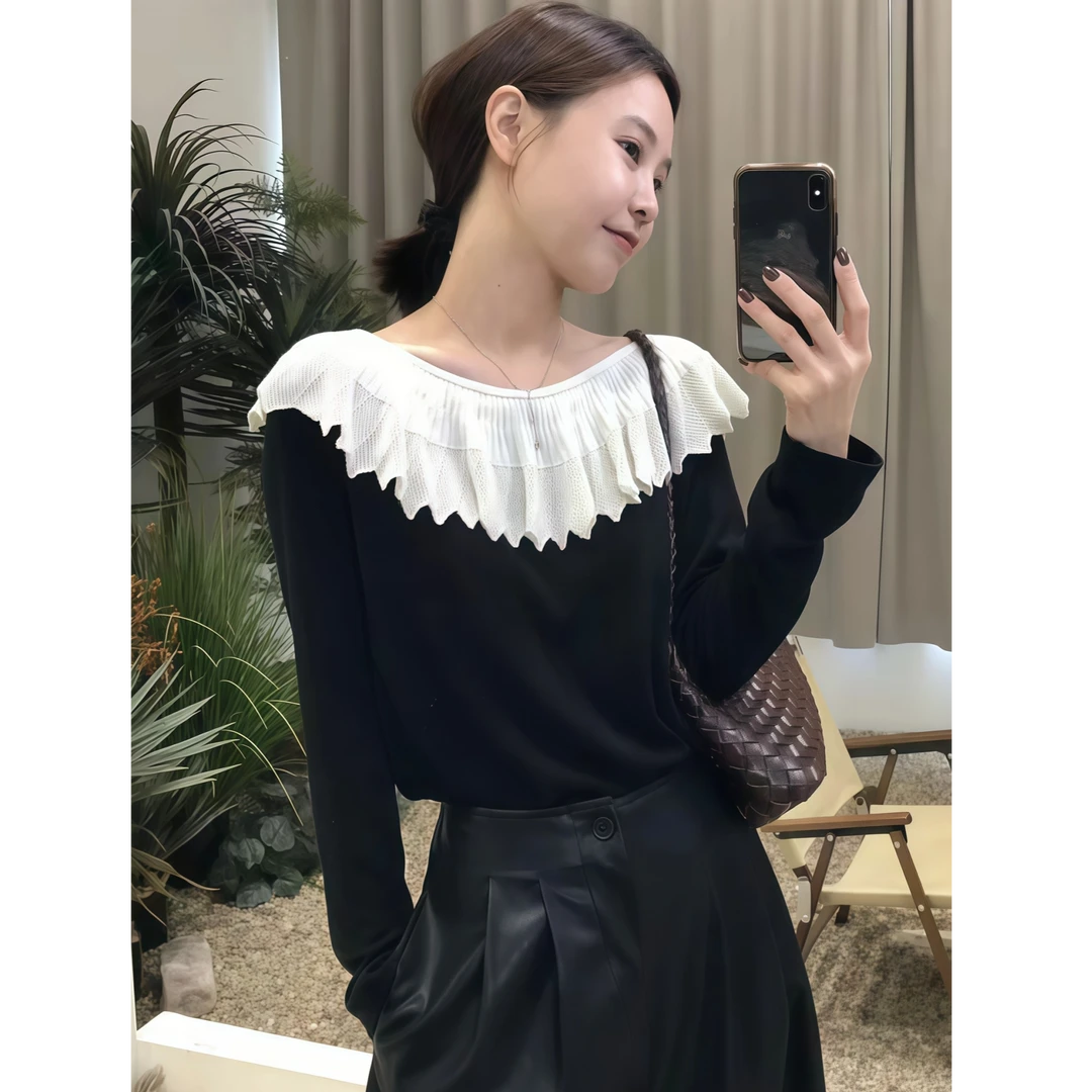 秋季穿搭荷叶边露肩针织衫女装2025新款独特漂亮巨好看一字肩上衣