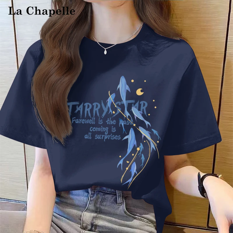 拉夏贝尔藏青色纯棉短袖T恤女爆款2025新款夏季半袖小众女装上衣