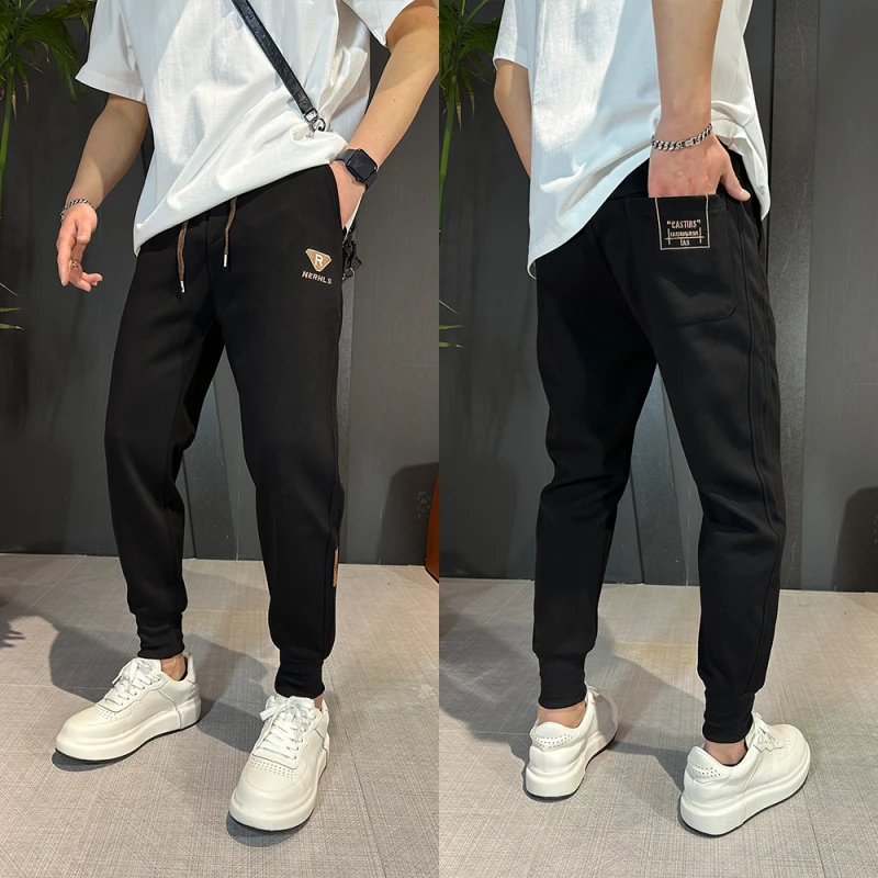 男裤2025春秋纯色刺绣运动卫裤潮流百搭休闲裤弹力修身小脚哈伦裤