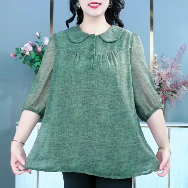 胖珍珍拼接大码夏季衬衫夏装七分袖洋气时尚宽松中长款250751