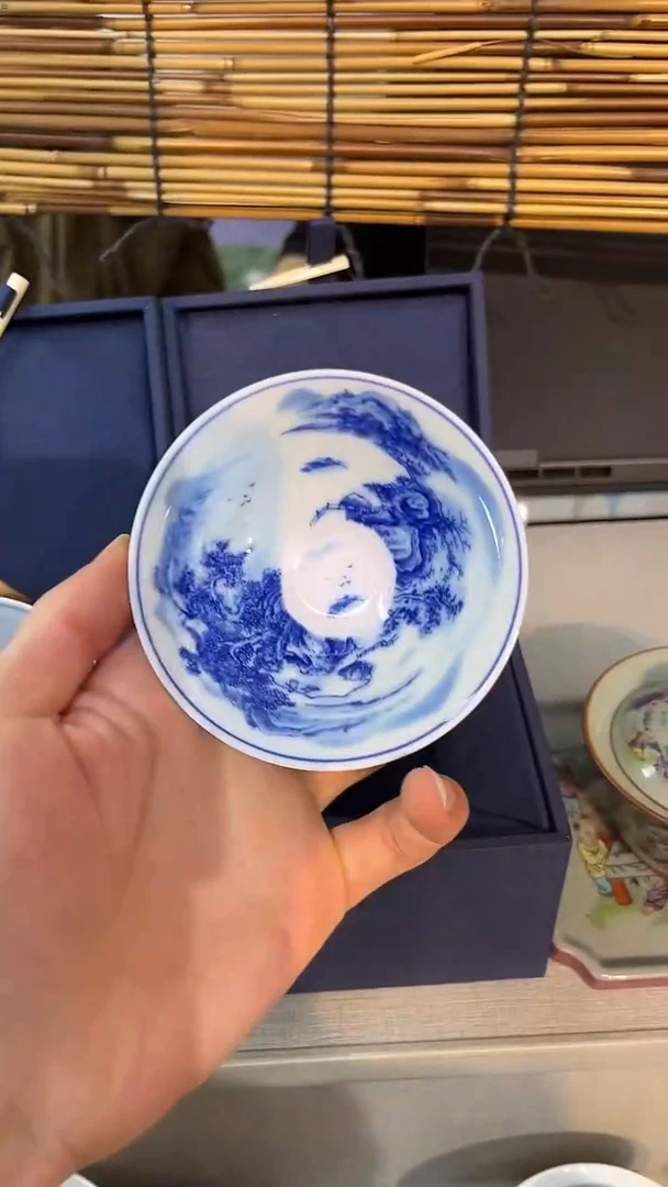 景德镇高温瓷山水手绘斗笠