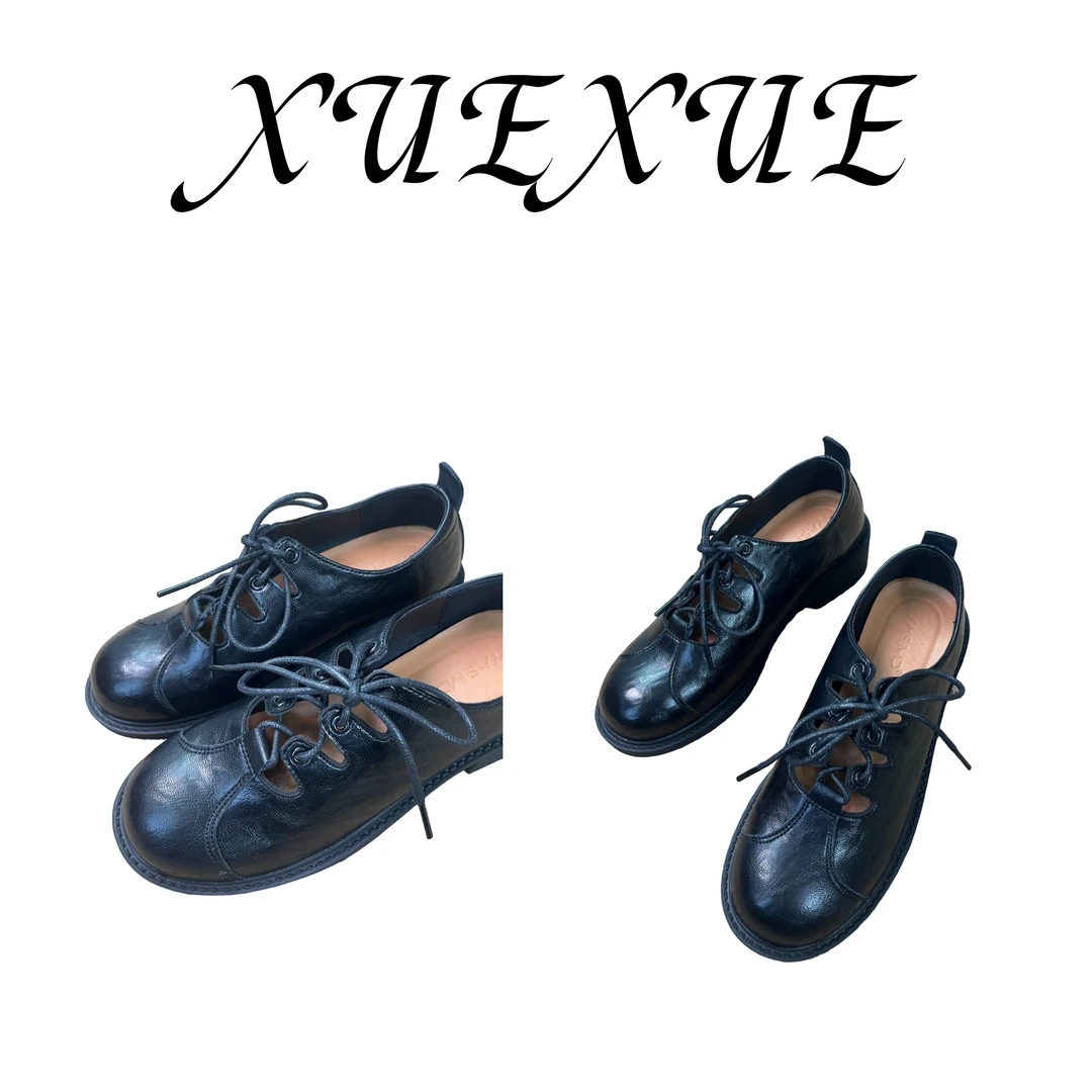 【XUEXUE】复古小皮鞋2025新款女鞋粗跟时尚系带英伦风黑色浅口单鞋