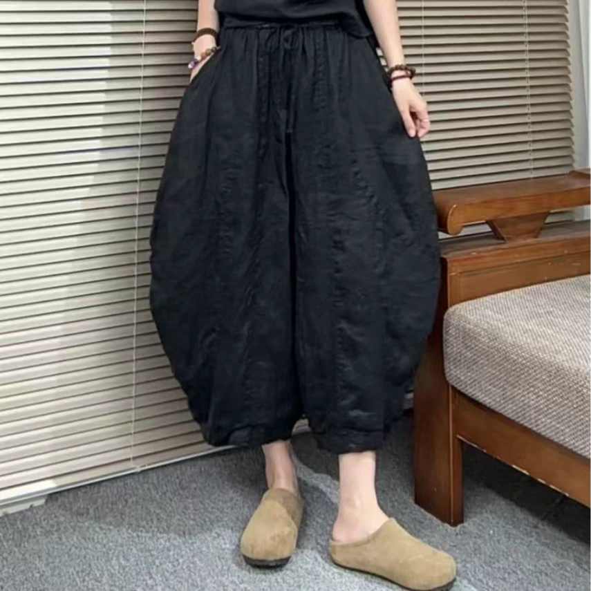 夏季休闲苎麻显瘦高腰纯色百搭弯刀裤休闲裤