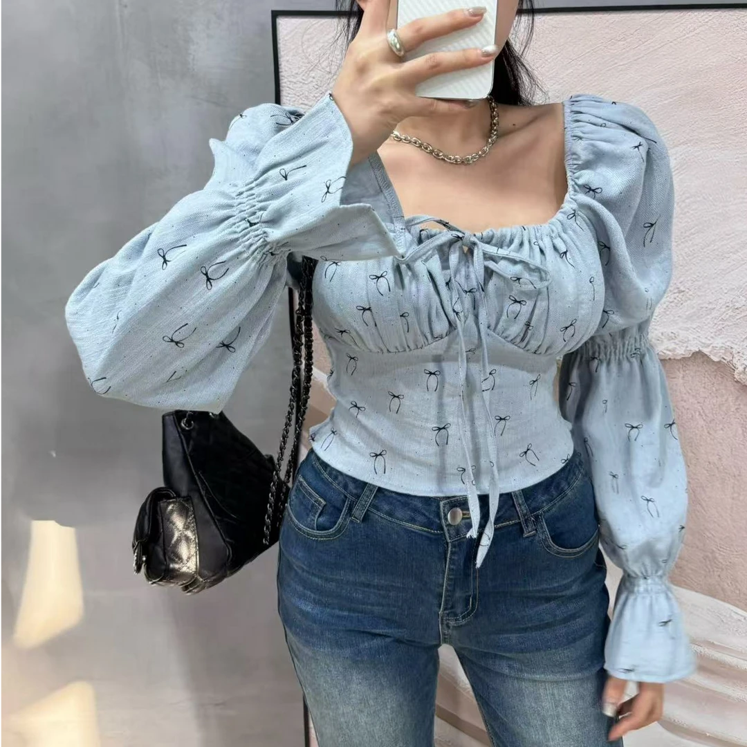 【灵动蝴蝶】泡菜定制肌理感褶皱抽绳收腰泡泡袖印花蝴蝶结上衣