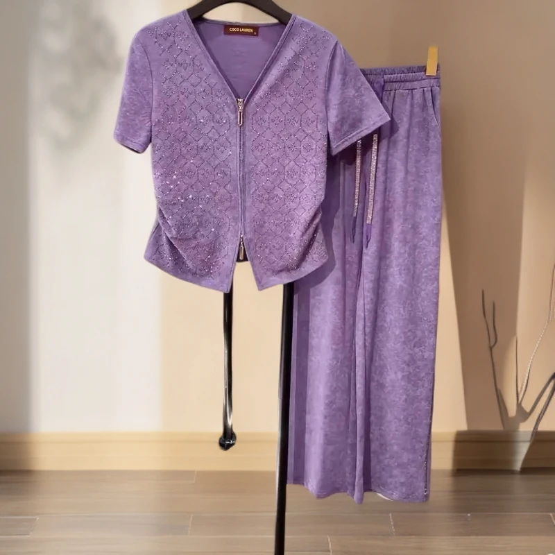 烫钻T恤+阔腿裤两件套2025夏新款女装休闲显瘦遮肉