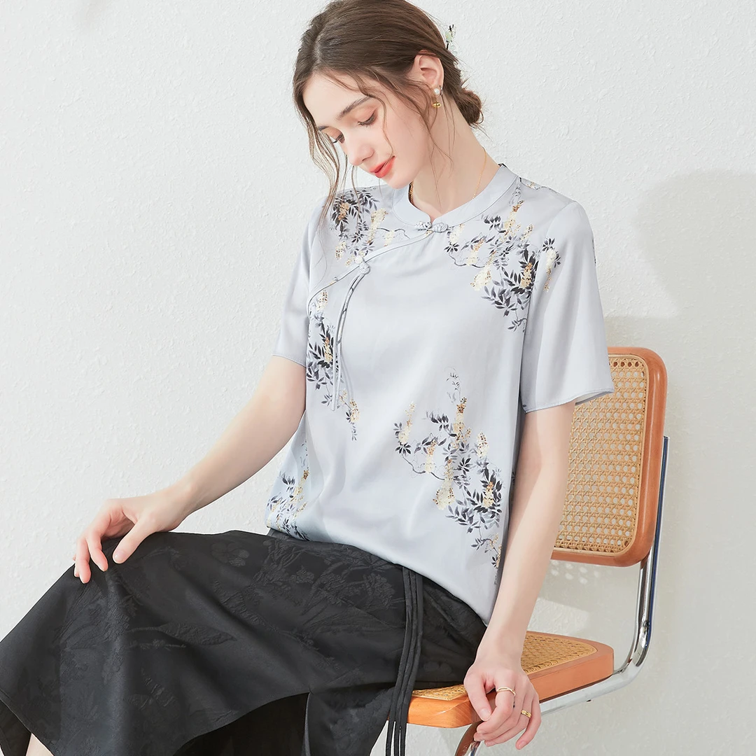 夏季新款桑蚕丝圆领国风印花圆领女式小衫25DAK0610