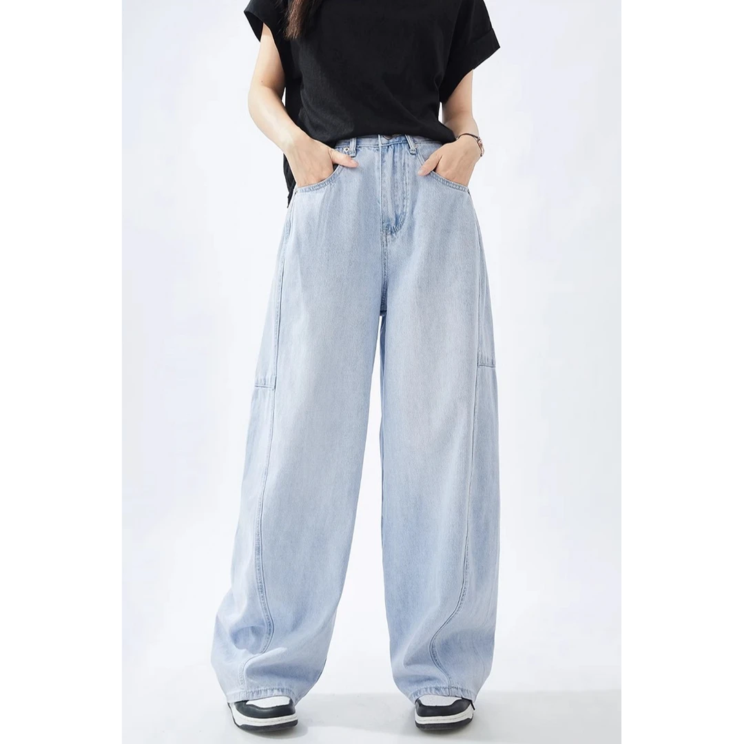 蓝色阔腿牛仔裤女夏高腰显瘦休闲百搭宽松香蕉裤G2931