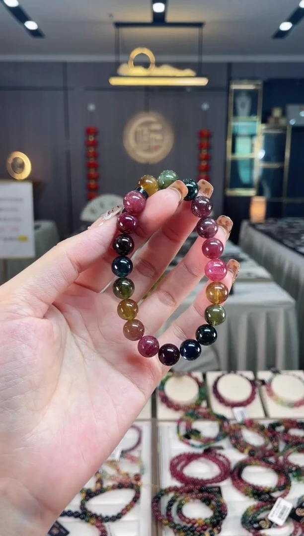 未镶嵌冰透体老矿碧玺彩虹单圈手串9mm+碧玺dan多样性发一条