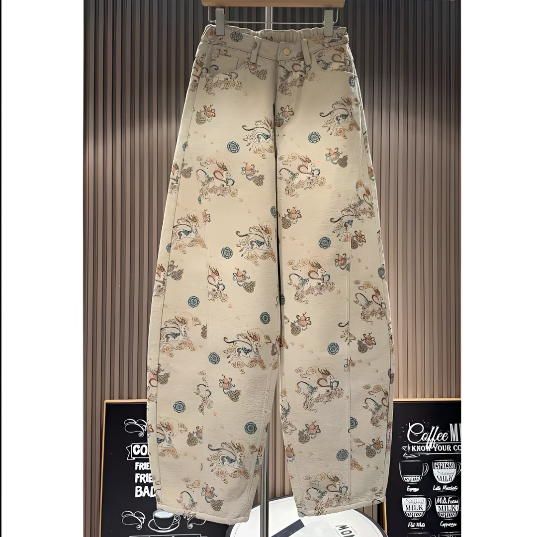 2025冬季休闲裤加绒厚款复古中国风金线提花显瘦阔腿弯刀裤女