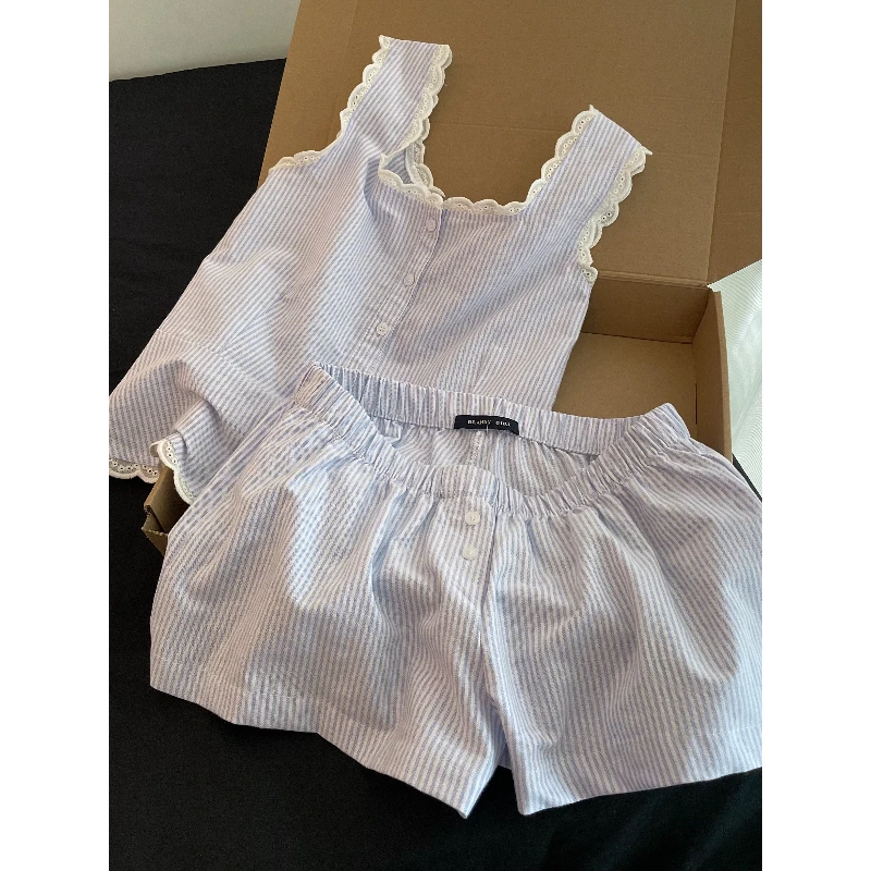 纯欲少女蕾丝花边条纹睡衣女夏季新款背心短裤大码家居服套装外穿