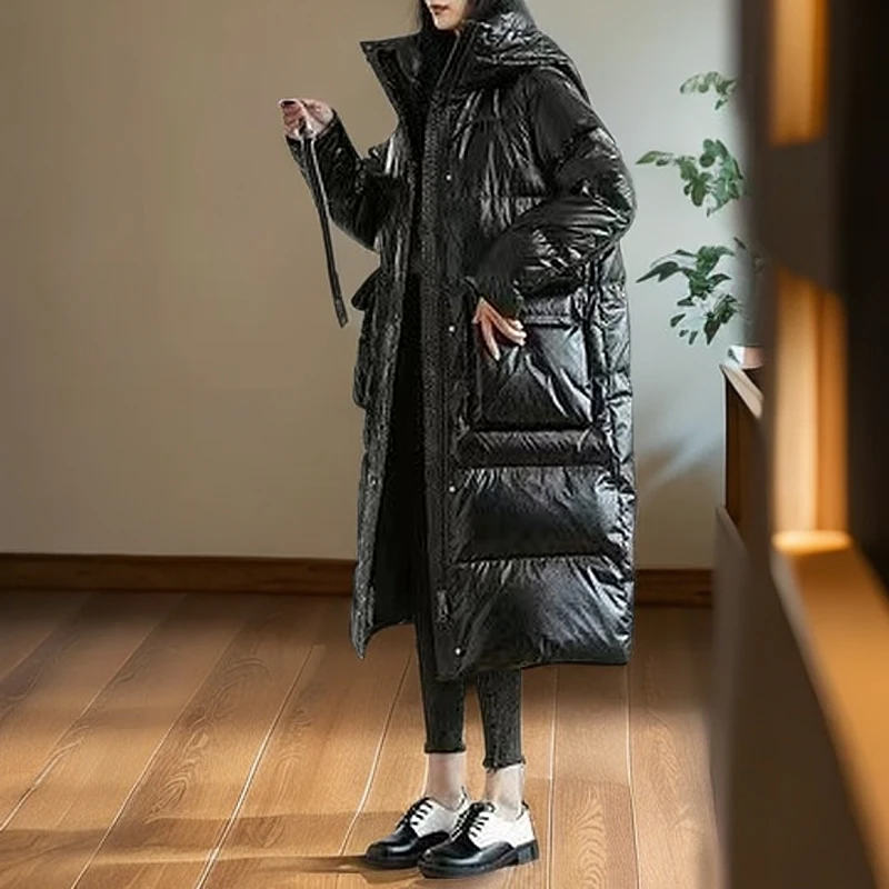 黑色亮面免洗2024年冬装新款中长款加厚过膝外套潮Y102