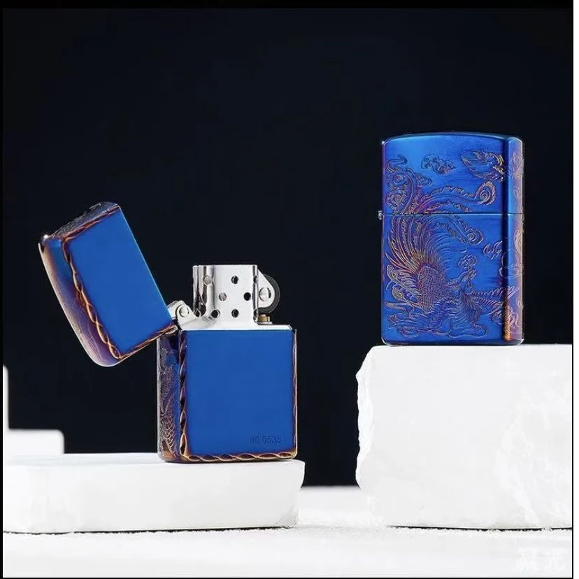 首领CF1350L四面龙凤熏蓝系列纯黄铜复古精雕老式砂轮煤油打火机