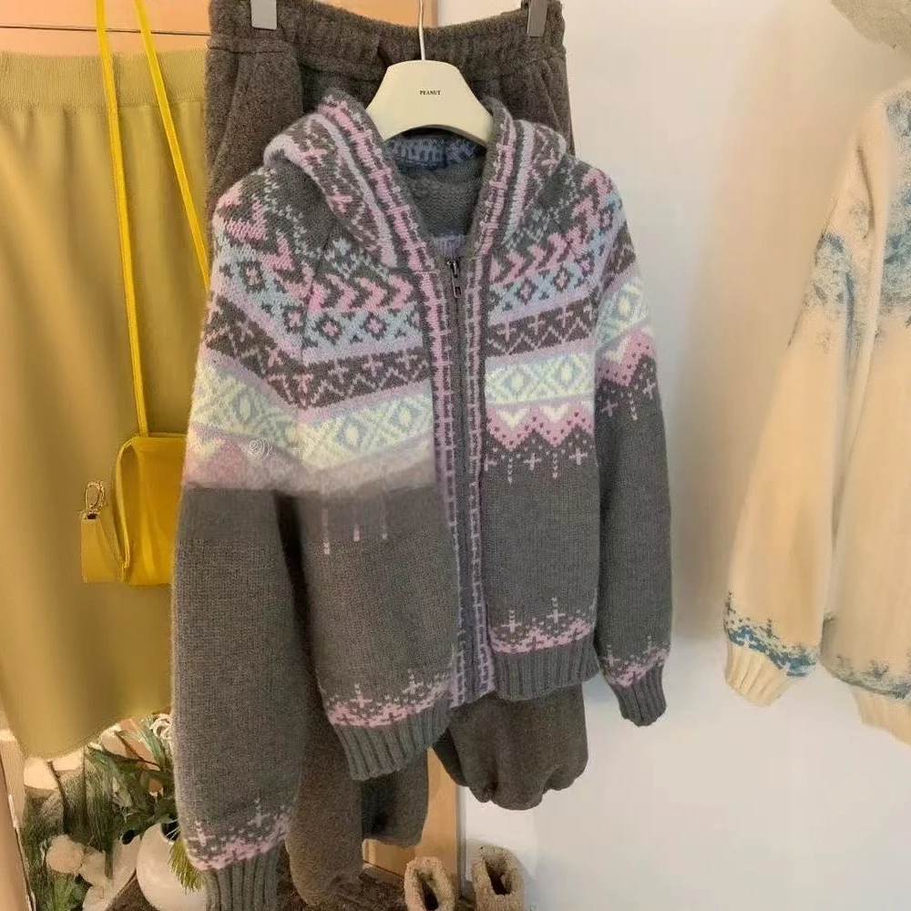 韩系圣诞穿搭费尔岛连帽毛衣女2025秋冬新款慵懒风高级感针织外套