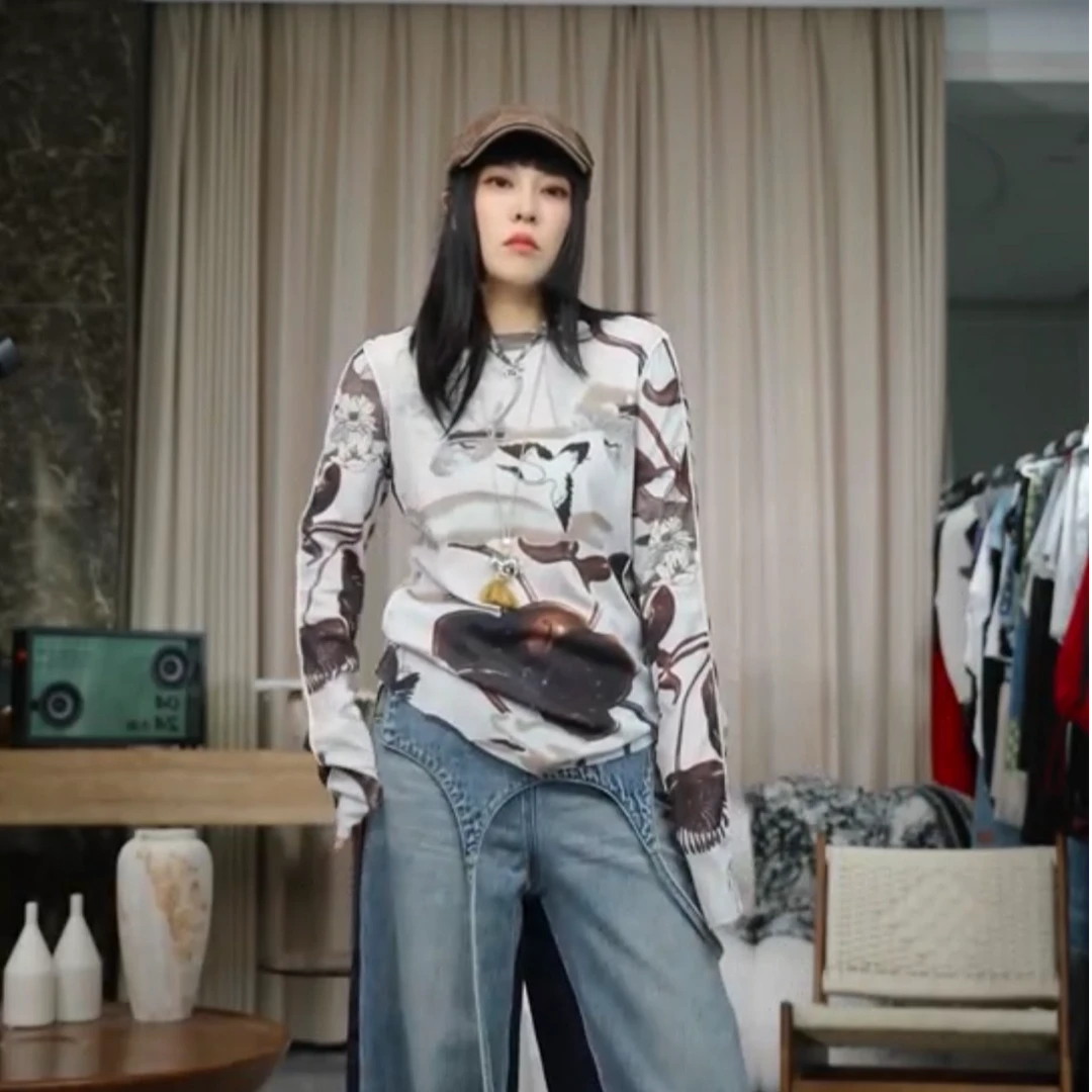 infobyfive2025夏季新款打底网纱皮肤衣长袖女士印花T恤2CG2805