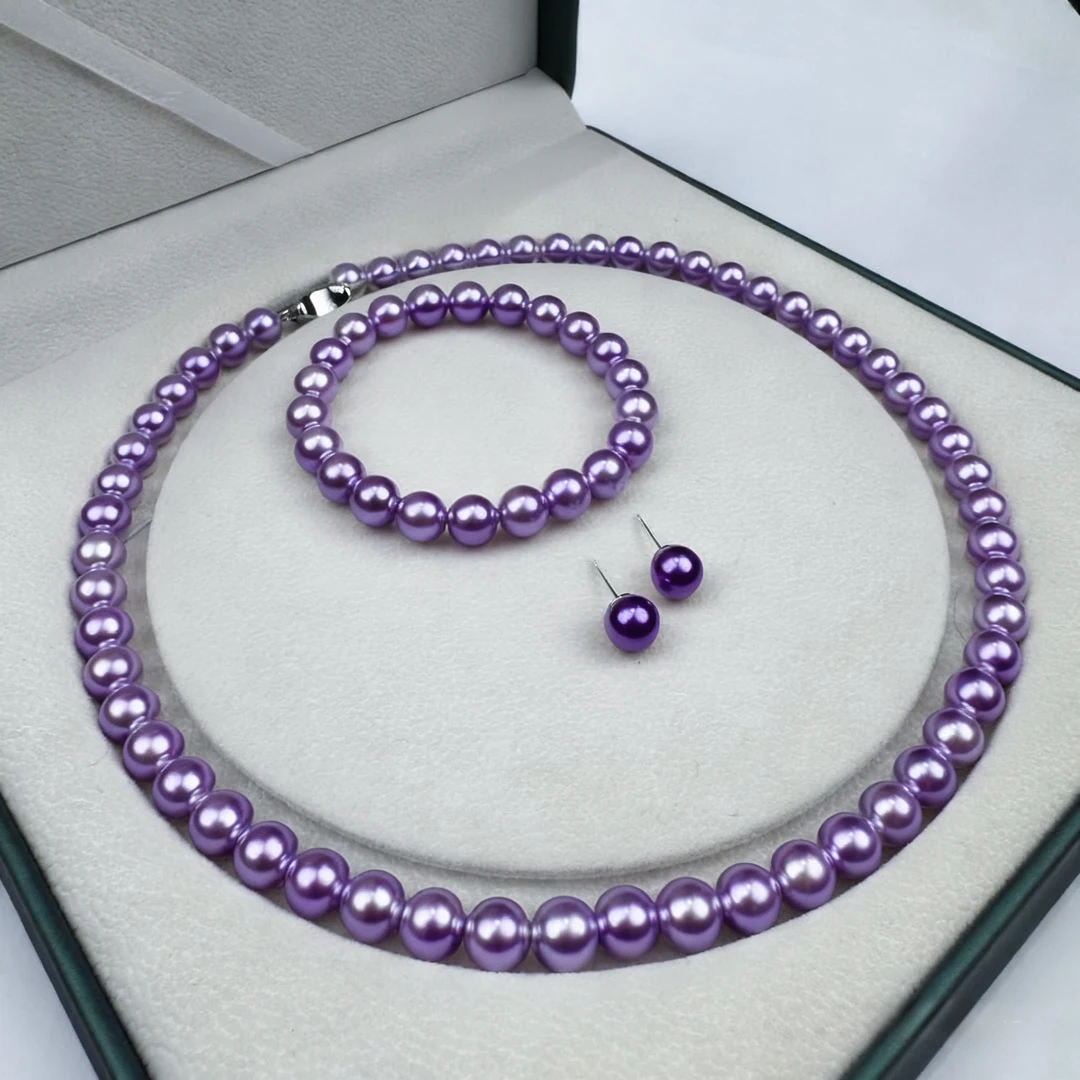 铜合金仿珍珠项链 8-9mm蓝莓紫元宝扣项链赠手链耳钉TZB610