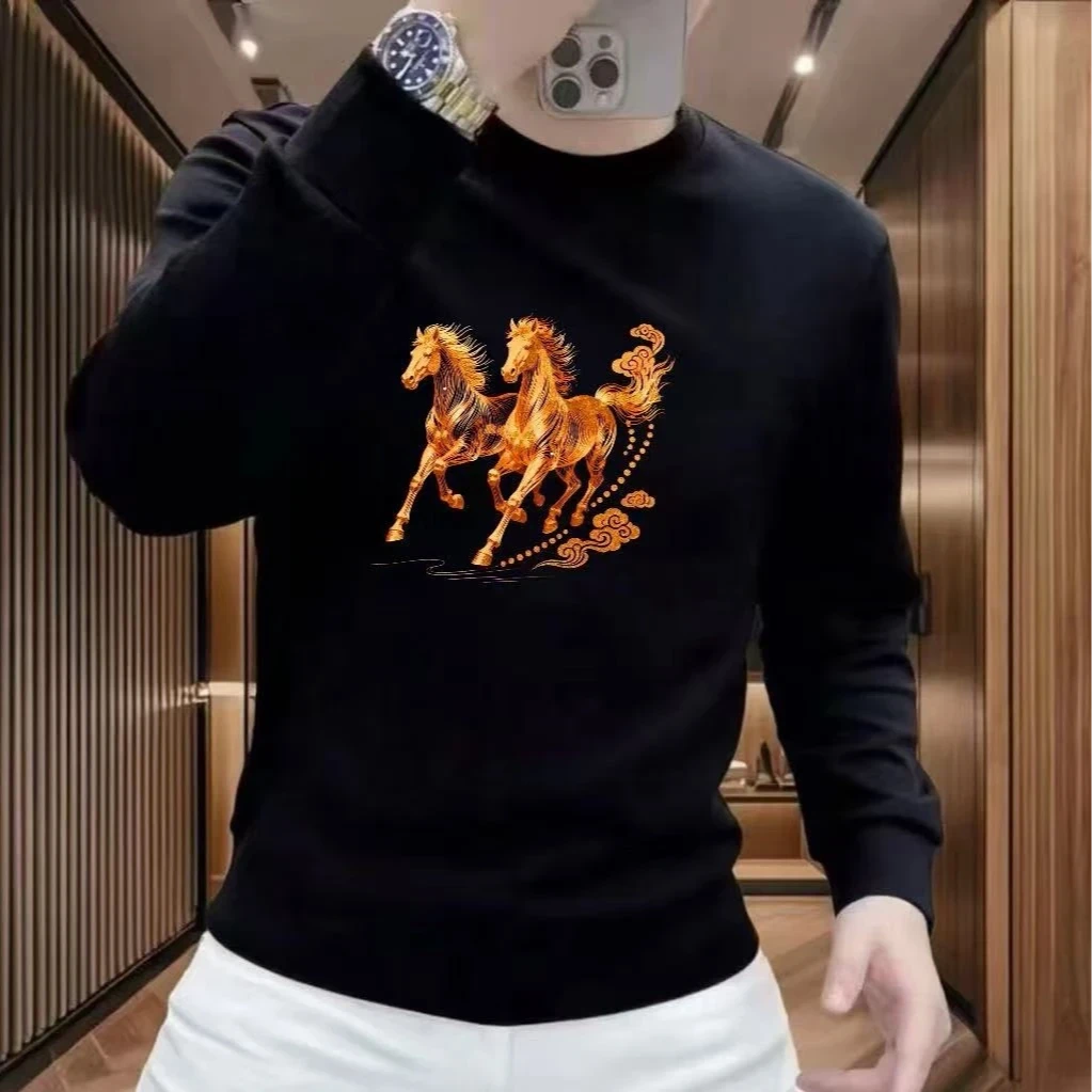 潮牌秋冬新款时尚潮流运动休闲男士百搭印花马年卫衣修身潮流圆领