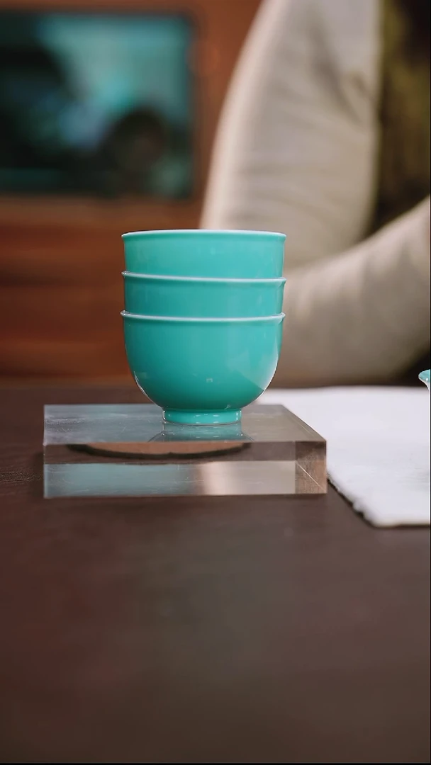 宝蕴阁松石绿釉福三多套杯（3只）