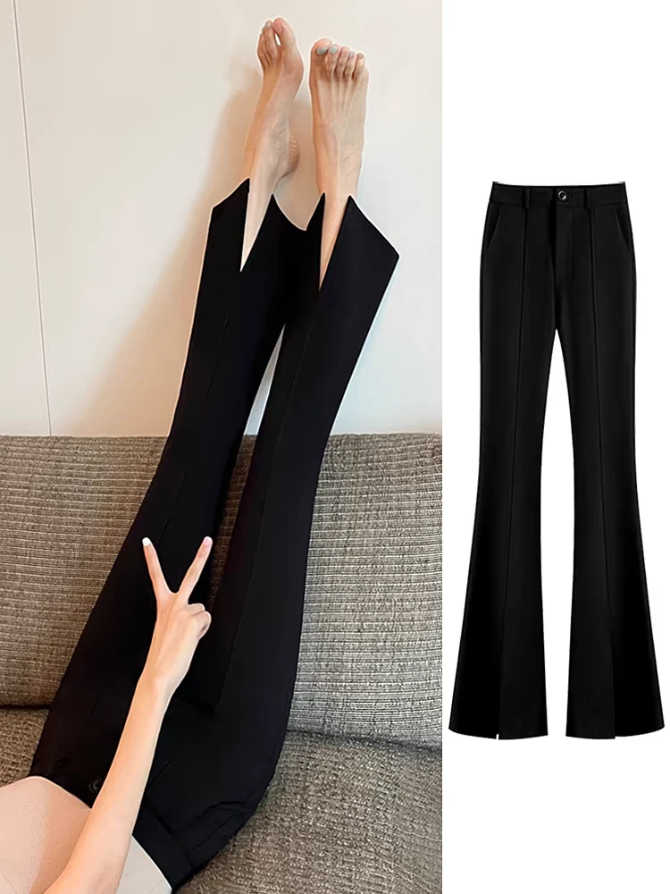 开叉喇叭裤女春秋季2025新款高腰显瘦垂感西装黑色小个子微喇女裤