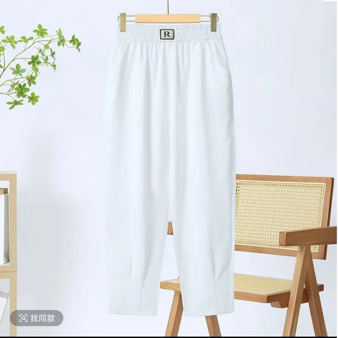 464-夏季薄款阔腿九分裤休闲松紧腰哈伦裤花朵休闲裤宽松