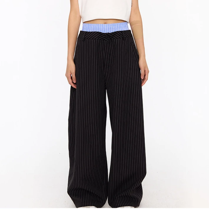 江南先生美式复古假两件条纹休闲裤春季女新款潮宽松长裤JN43JM74