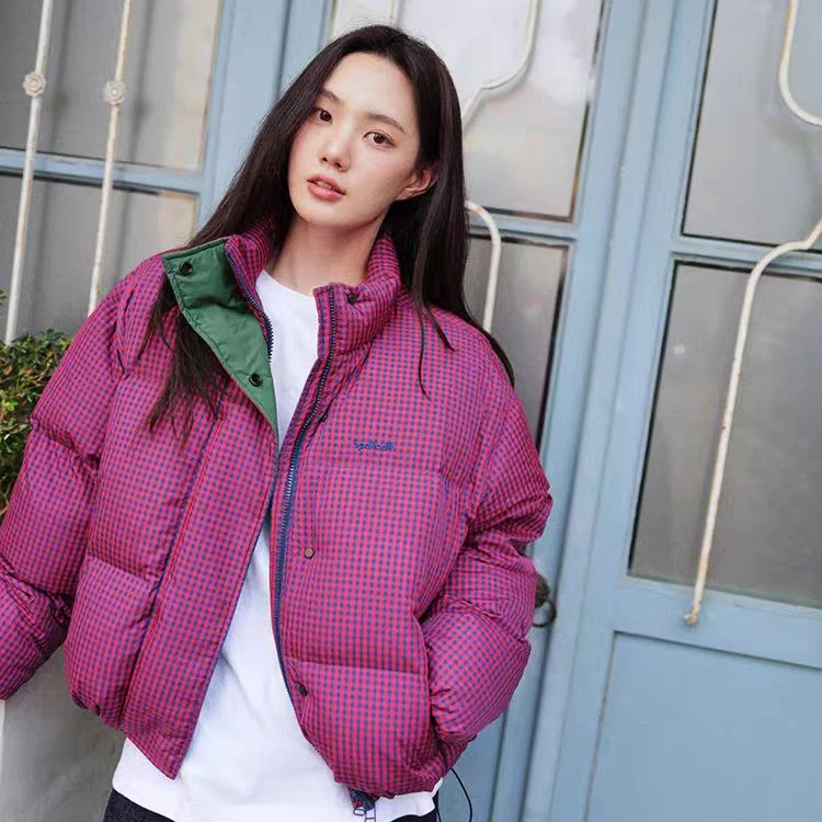 现货SPELL2025冬季新品格纹拼色羽绒服立领加厚保暖户外上衣女