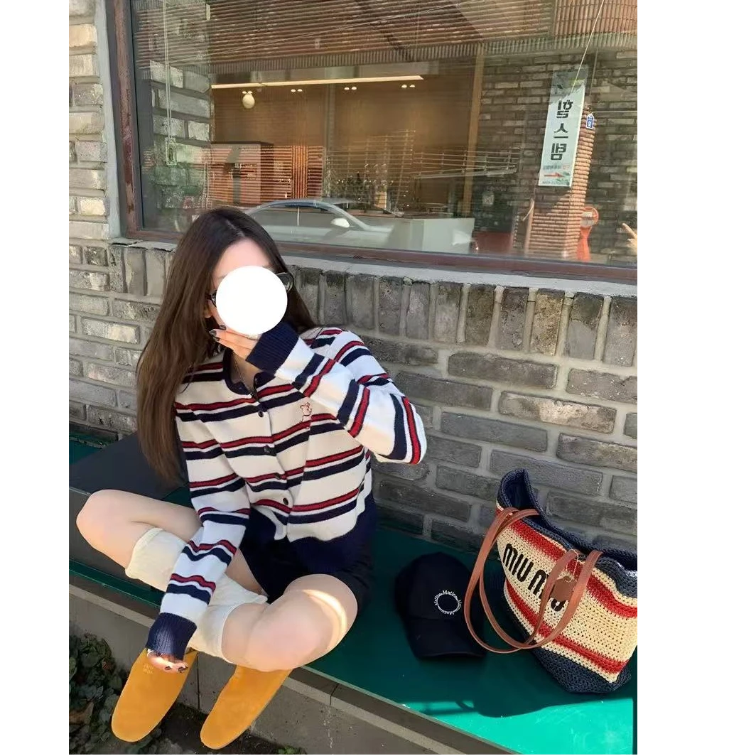 秋季长袖条纹针织衫圆领miu系开衫女2025新款设计感百搭短款上衣