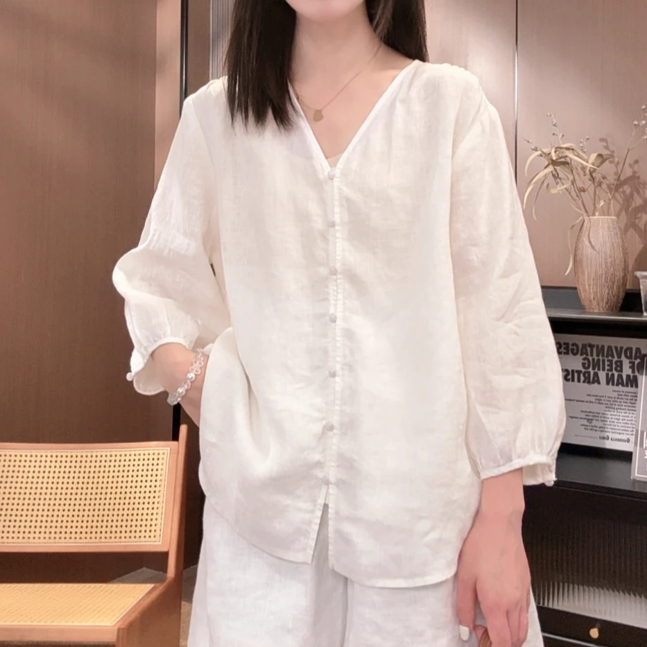 相菲一100亚麻薄款防晒夏季V领七分袖开衫 设计感时髦简约小衫