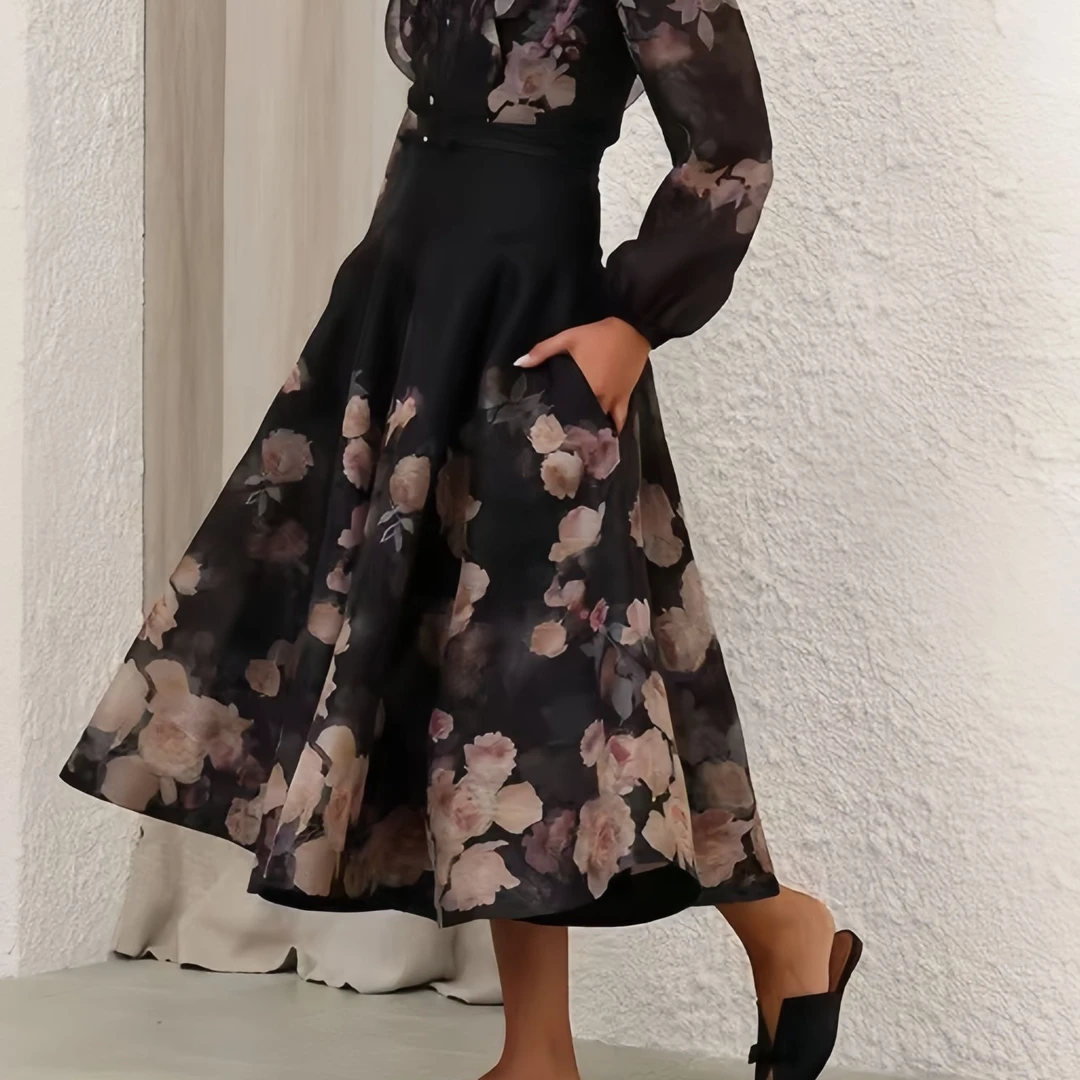 新款黑色花卉荷叶袖上衣加半裙套装显瘦高腰时尚优雅气质名媛