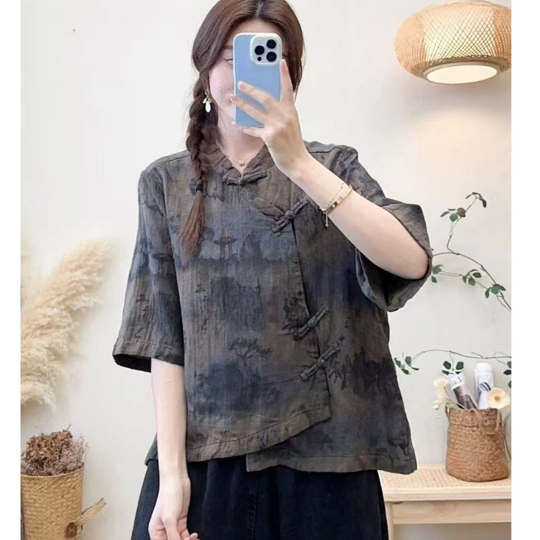 春夏新款斜纹麻数码印上衣