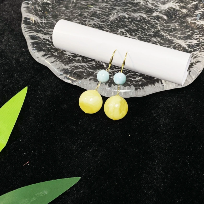 天然珠宝A02353琥珀白花蜡18K圆珠耳钩 多样性发一