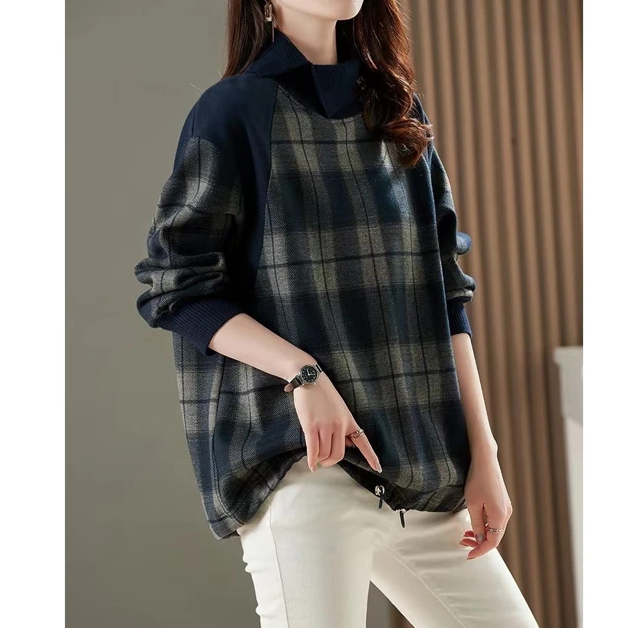 格子半高领卫衣女新款欧货大码洋气宽松长袖上衣