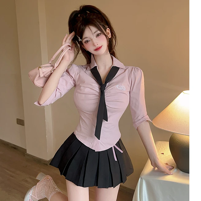 jk制服套装女夏款学院风穿搭纯欲衬衫收腰显瘦美式热辣短裙两件套