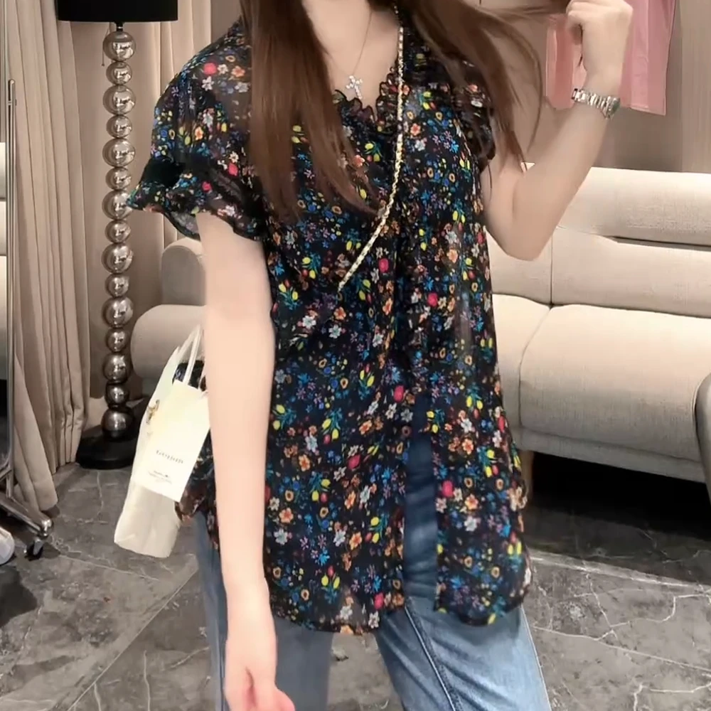 2025夏碎花肌理感荷叶花边衬衫C5332