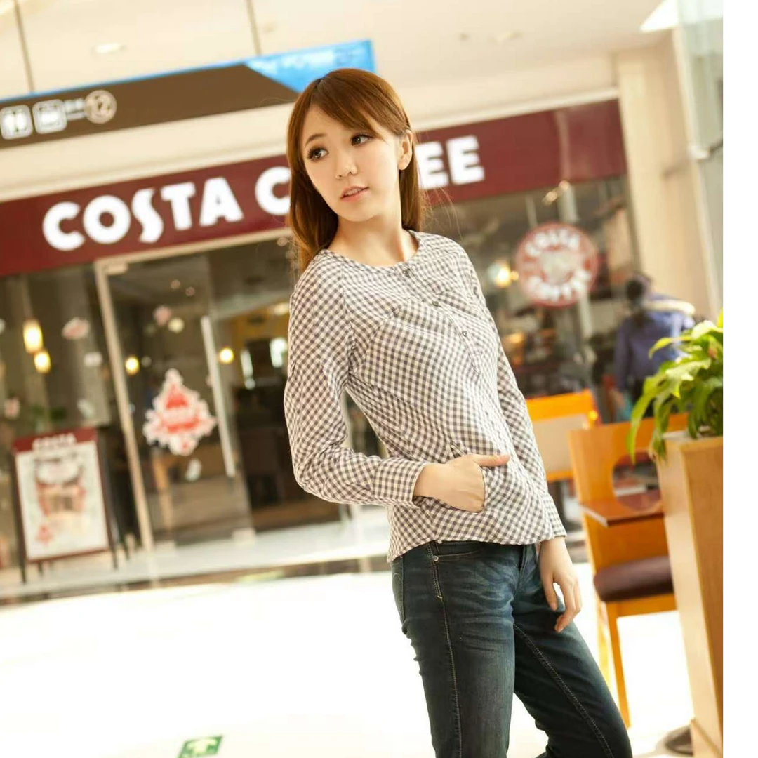 双层咯衬衫时尚纯棉春秋长袖百搭打底休闲韩版格子格纹圆领针织