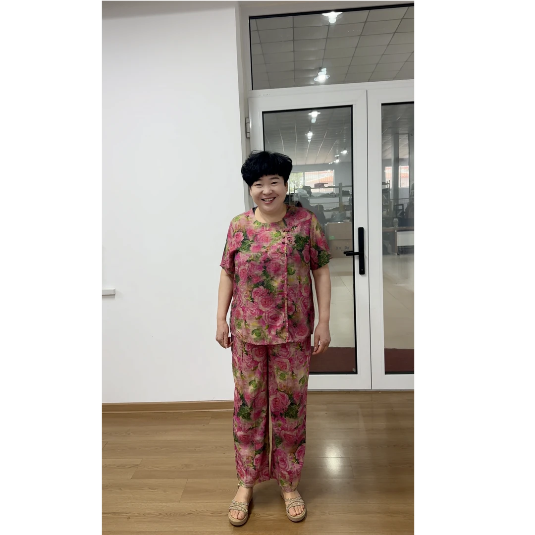 무지징-「妈妈套装」时尚印花端庄大气国风棉绸套装-B