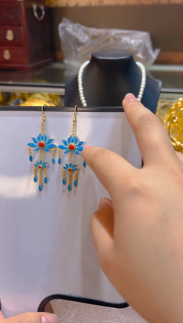 无925银纯银镀金 珐琅莲花/对