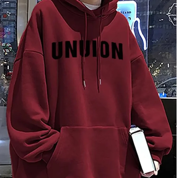 大码男装300斤美式复古连帽卫衣男秋冬加绒加厚纯棉重磅酒红上衣