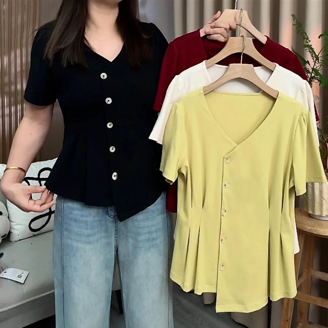大码胖mm法式V领不规则正肩短袖T恤女夏季新款遮肚子显瘦洋气上衣