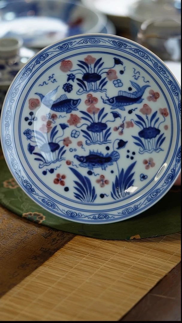 瓷景德镇陶瓷茶器釉里红满鱼壶承