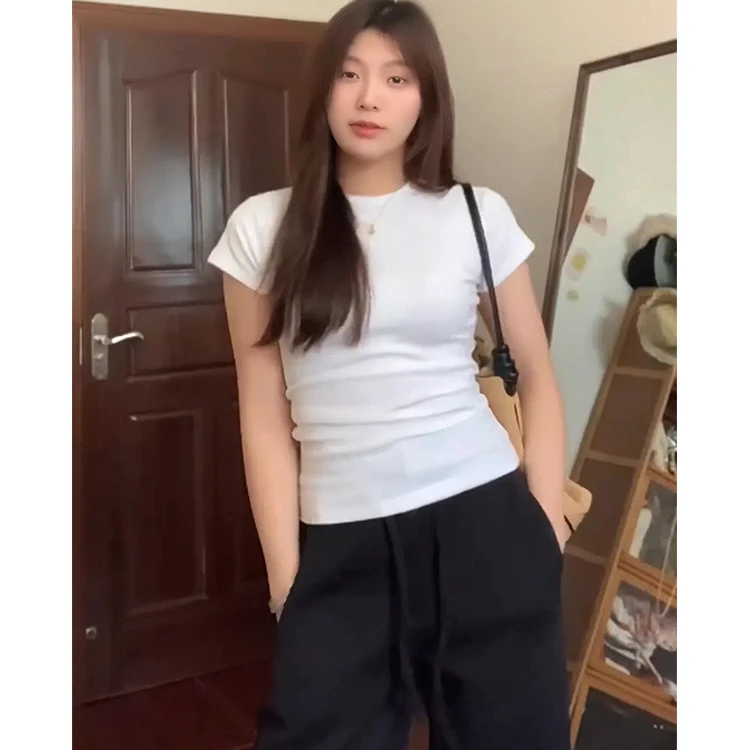 大码纯欲辣妹风白色T恤春夏2025修身显瘦打底衫女圆领短袖上衣潮-