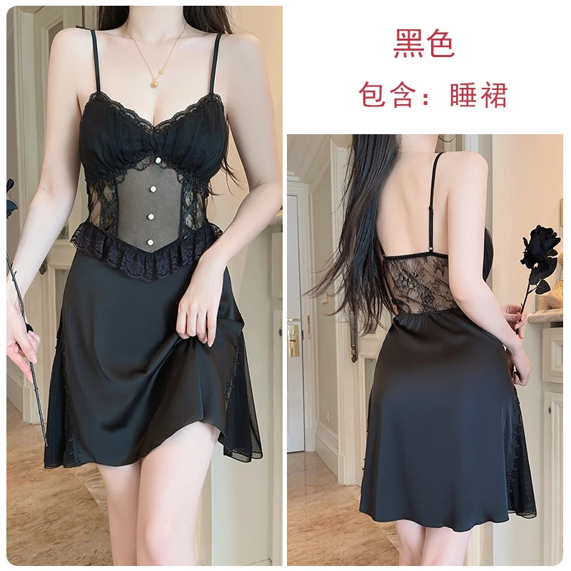 GR内衣甜美蕾丝装饰大码性感加胸垫缎面睡裙外袍套装