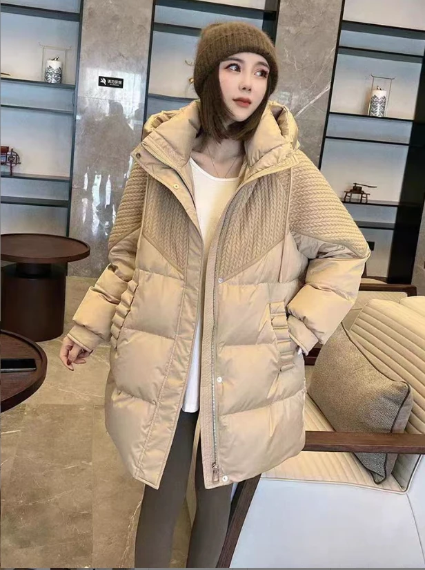 90绒连帽中长款羽绒服女冬季针织拼接小个子加厚白鸭绒皮草外套