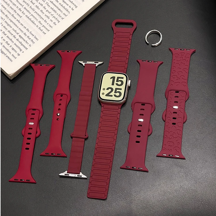 适用苹果手表iwatchs10表带s9硅胶9酒红色s7女男se磁吸S8运动新款