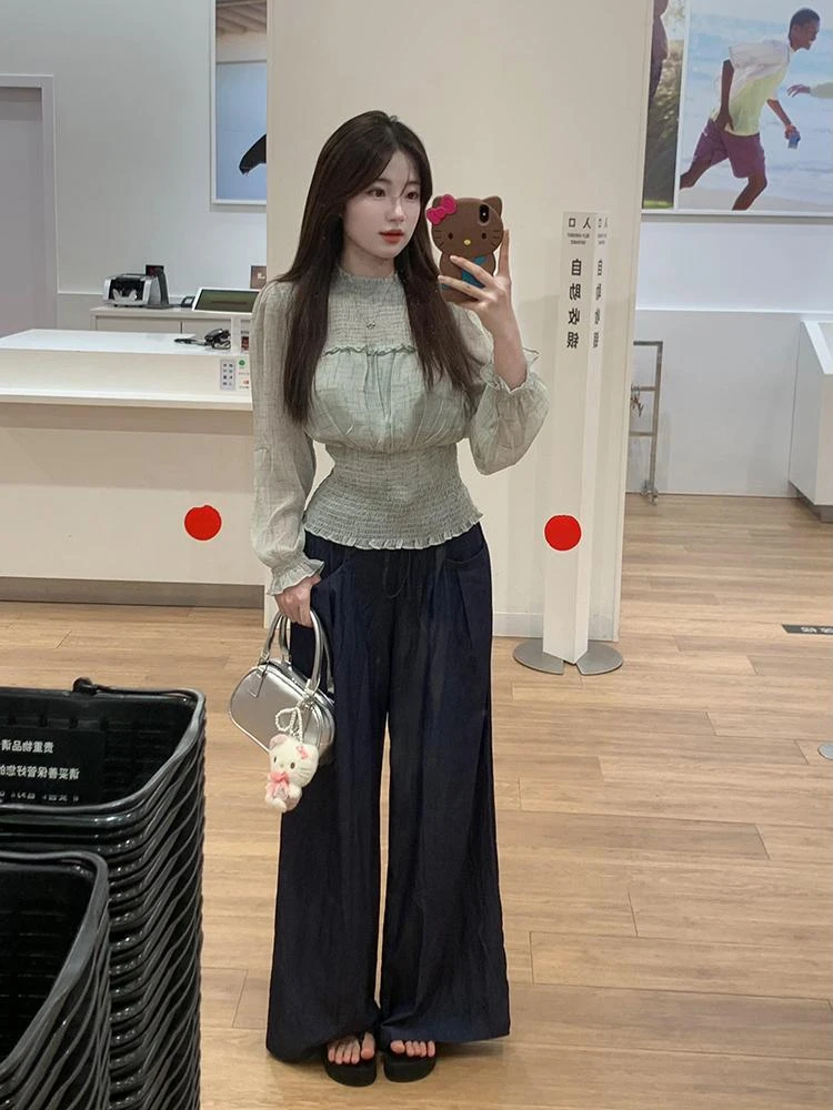 赫本风法式小众高级设计感绿色立领收腰衬衫藏蓝色阔腿裤套装女秋